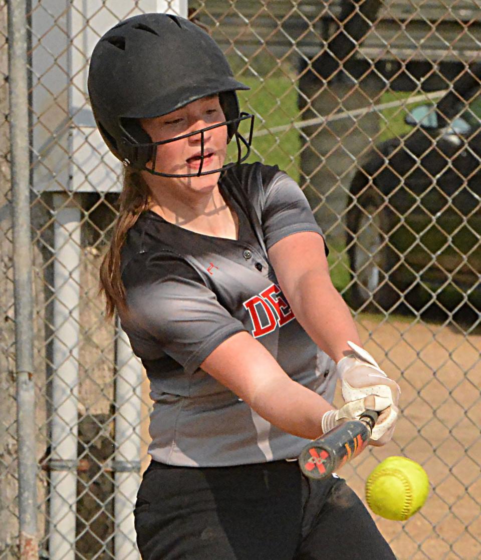 Deuel's Katrina Hagberg connects with a pitch during a Class B SoDak 16 state-qualifying high school softball game against Scotland-Menno on Tuesday, May 23, 2023 in Clear Lake.