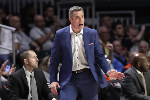 Virginia head coach Tony Bennett watches during the second half of an NCAA college basketball game against Miami, Wednesday, March 4, 2020, in Coral Gables, Fla. Virginia won 46-44. (AP Photo/Lynne Sladky)
