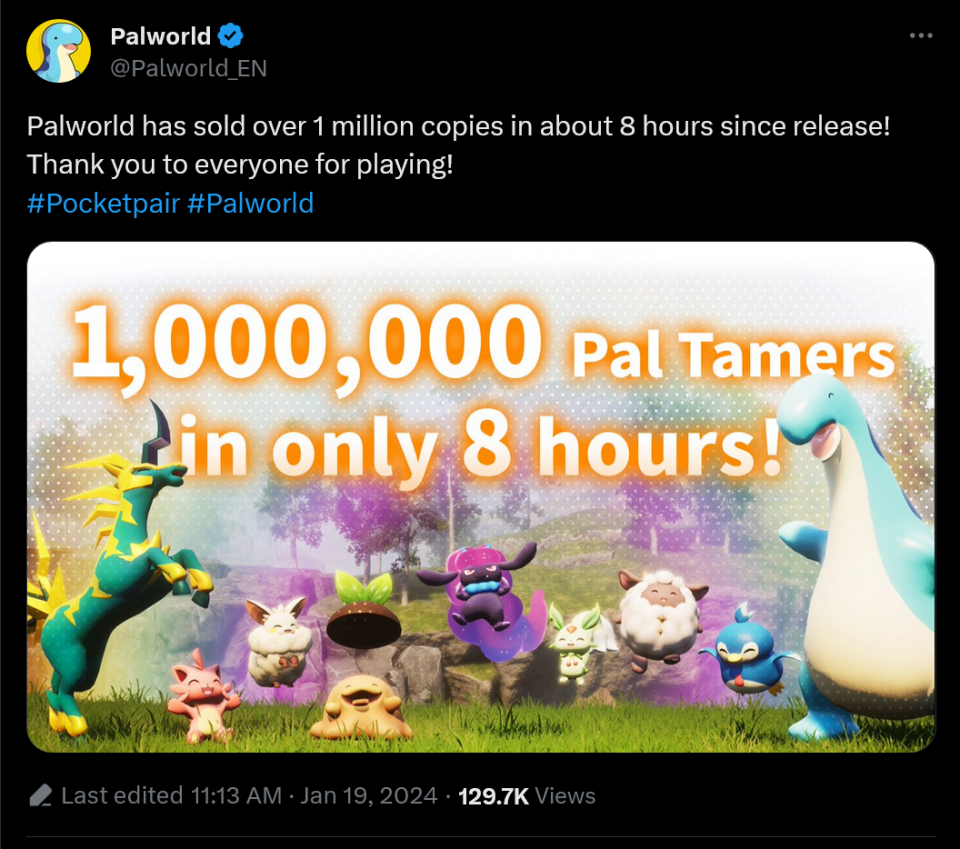 Palworld has sold over 1 million copies in about 8 hours since release!  Thank you to everyone for playing! #Pocketpair #Palworld