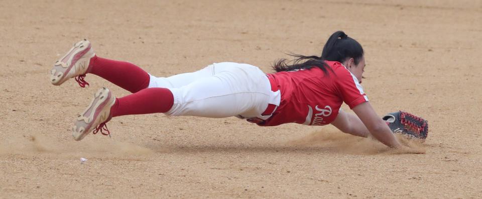 North Rockland shortstop Allison Murphy makes a diving catch during a game at North Rockland April 18, 2022. Mahopac won 5-4.