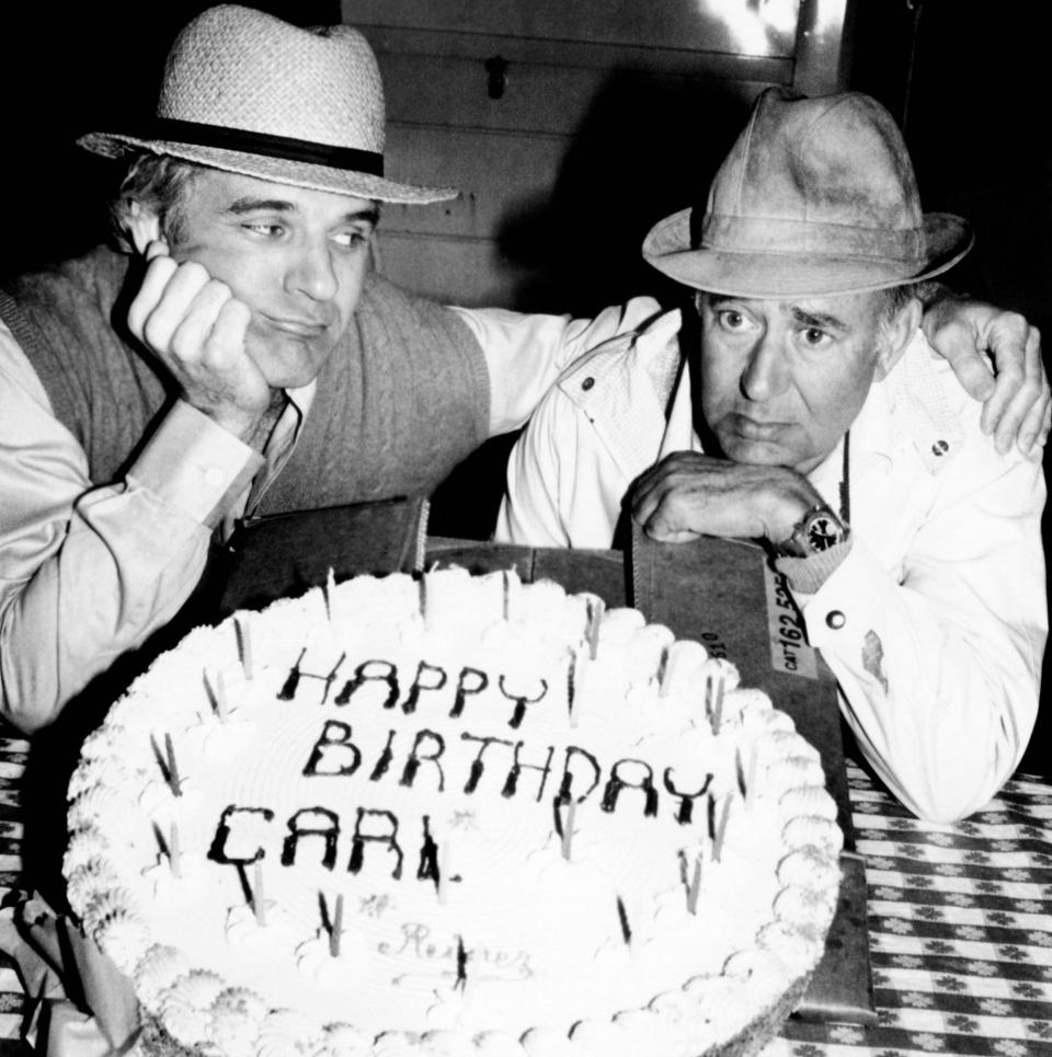 Steve Martin and The Jerk director Carl Reiner, celebrating Reiner's 57th birthday on set in 1979