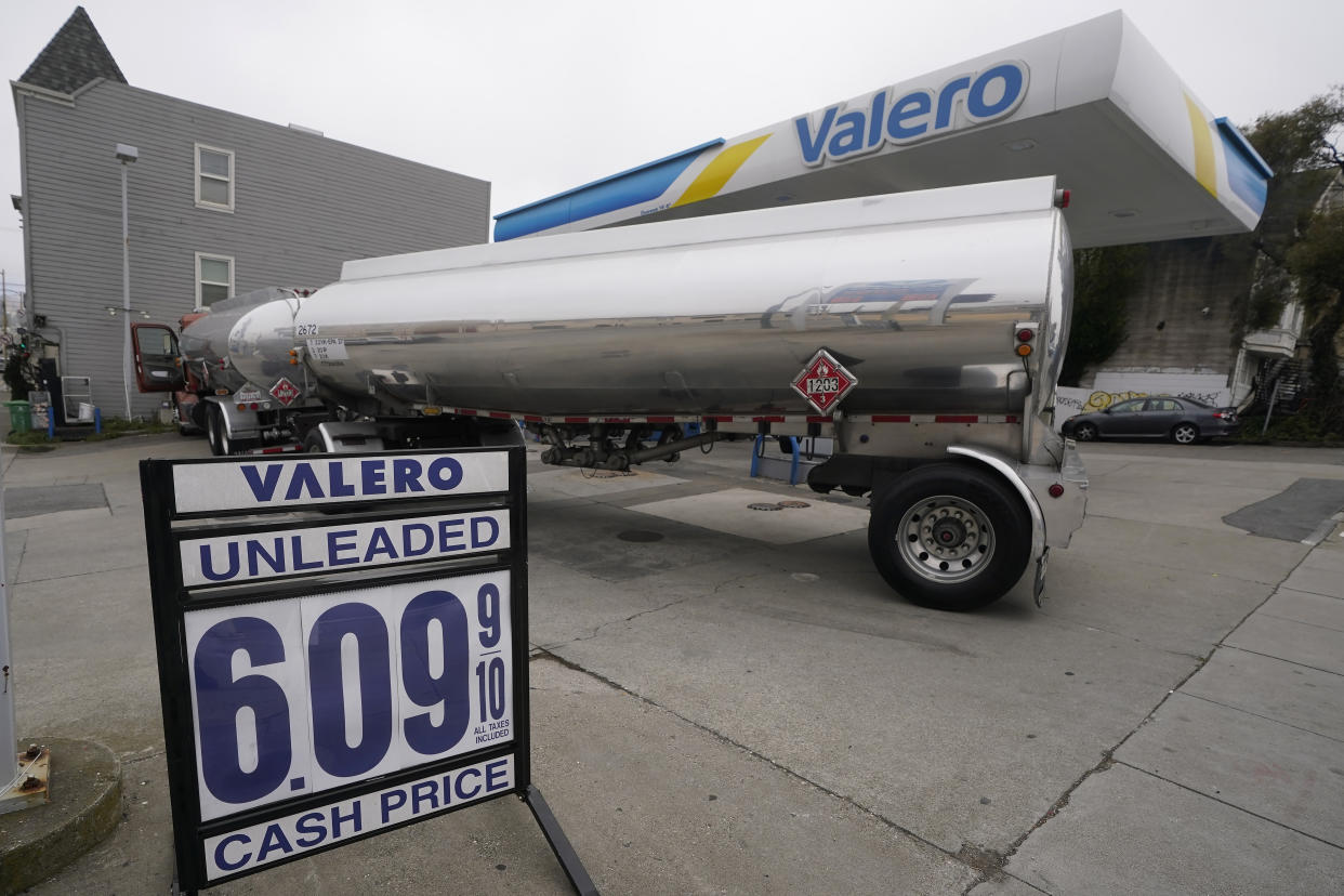A gasoline price sign is shown at a gas station in San Francisco, Thursday, Oct. 6, 2022. (AP Photo/Jeff Chiu)