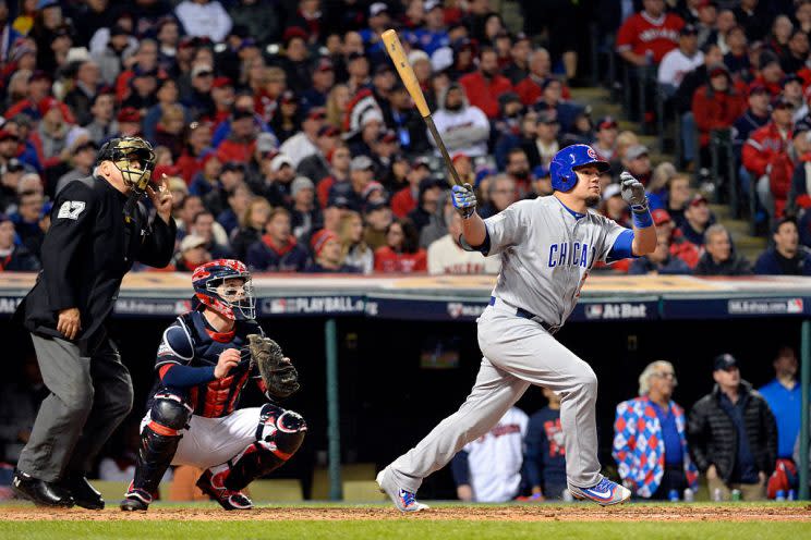 Kyle Schwarber, doing work in the World Series. (Photo by Ron Vesely/MLB Photos via Getty Images)