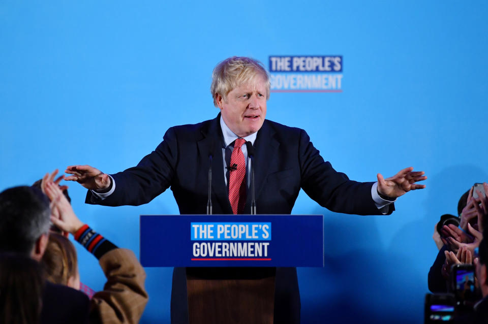 Britain's Prime Minister Boris Johnson speaks during a Conservative Party event following the results of the general election in London, Britain, December 13, 2019. REUTERS/Dylan Martinez