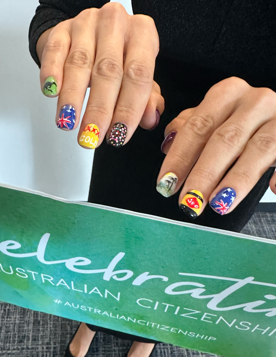 A picture of Mila's nails at the ceremony featuring iconic Australian items.