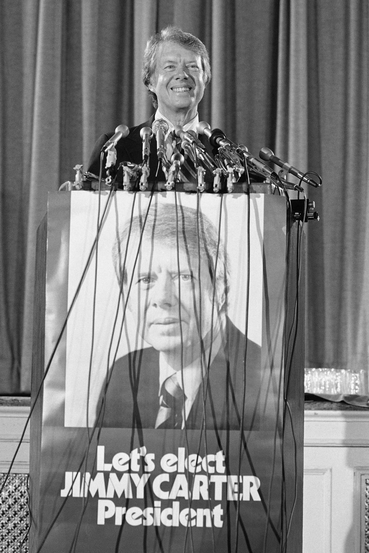 Former Gov. Jimmy Carter of Georgia announces on Aug. 14, 1975, in Washington D.C., that he qualified for federal matching funds to help finance his campaign for the 1976 Democratic presidential nomination. Carter is the fifth Democratic aspirant to become eligible under the new federal financing plan.