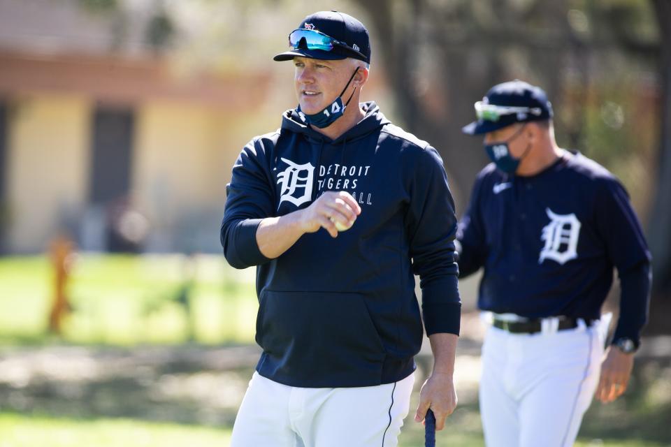 Tigers manager AJ Hinch hits ground balls during the workout at Joker Marchant Stadium in Lakeland, Florida, on Saturday, Feb. 20, 2021.