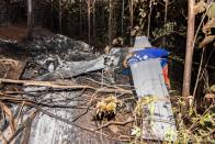 <p>The tail of the burned fuselage of a small plane that crashed is seen in Guanacaste, Corozalito, Costa Rica on December 31, 2017. (Photo: Ezequiel Becerra/AFP/Getty Images) </p>