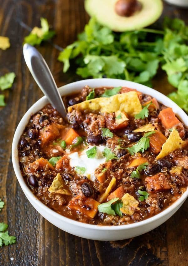 <strong>Get the <a href="https://www.wellplated.com/slow-cooker-turkey-quinoa-chili/" target="_blank" rel="noopener noreferrer">Slow Cooker Turkey Quinoa Chili With Sweet Potatoes and Black Beans</a>&nbsp;recipe from Well Plated by Erin.</strong>