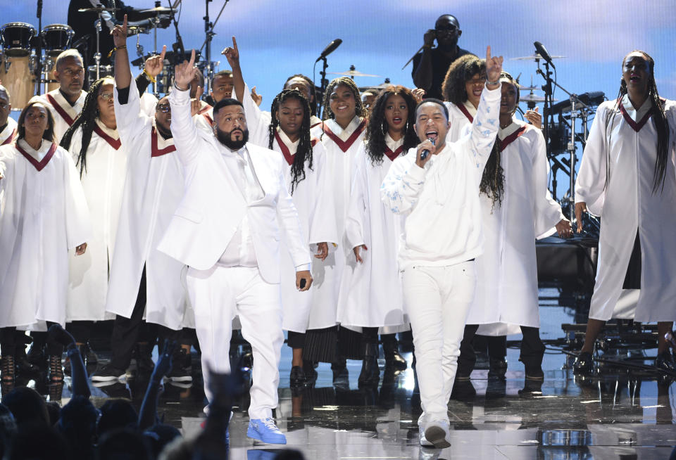 DJ Khaled, left, and John Legend perform during a tribute to late rapper Nipsey Hussle at the BET Awards on Sunday, June 23, 2019, at the Microsoft Theater in Los Angeles. (Photo by Chris Pizzello/Invision/AP)