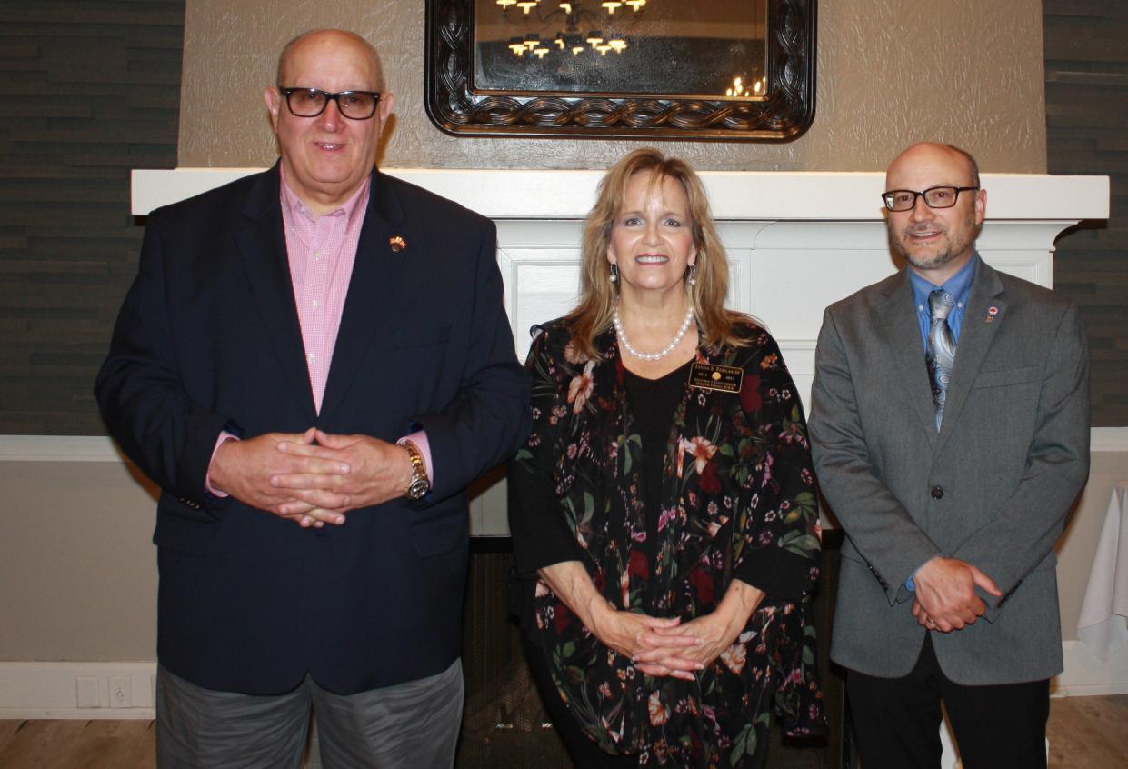 Sid Zufall, left, took over the duties as president of the Alliance Rotary Club during an installation dinner Wednesday, June 28, 2023, at Alliance Country Club. He follows Eric Taggart, right. Serving as installation officer during the evening was Linda Fergason, center, a member of the Alliance Rotary Club who served as district governor in 2012-13..