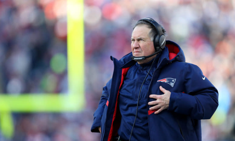 A closeup of New England Patriots coach Bill Belichick during a game.