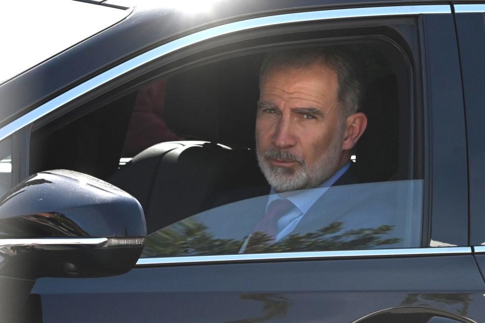 <p>Jose Oliva/Europa Press via Getty </p> King Felipe of Spain leaves the Ruber Clinic, where Queen Sofia is being treated, on April 10, 2024 in Madrid, Spain.