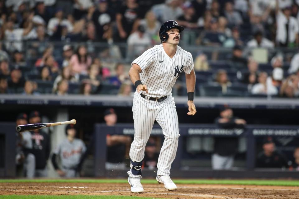 June 3, 2022; Bronx, N.Y. -- Yankees designated hitter Matt Carpenter (24) hits a two run home run in the fifth inning against the Detroit Tigers at Yankee Stadium. Mandatory Credit: Wendell Cruz-USA TODAY Sports