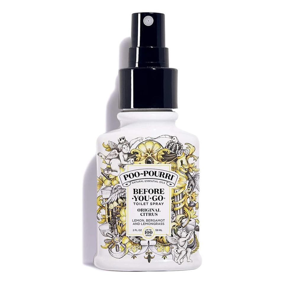<p><strong>Poo-Pourri</strong></p><p>amazon.com</p><p><strong>$9.49</strong></p><p><a href="https://www.amazon.com/dp/B0108XRDJE?tag=syn-yahoo-20&ascsubtag=%5Bartid%7C2089.g.291%5Bsrc%7Cyahoo-us" rel="nofollow noopener" target="_blank" data-ylk="slk:Shop Now;elm:context_link;itc:0" class="link ">Shop Now</a></p><p>Part gag and part practical, this stocking stuffer is a delightful gift that your recipient is bound to use wherever and whenever they go. This original citrus Poo-Pourri comes in a 2-ounce bottle. They simply spray the bowl before they go, and no one will ever know.</p>