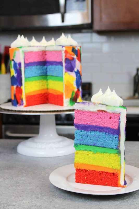 <p>This rainbow layer cake creates the rainbow using both the cake layers and the frosting!</p><p><strong>Get the recipe: <a href="https://chelsweets.com/rainbow-cake-recipe/" rel="nofollow noopener" target="_blank" data-ylk="slk:Rainbow Cake with Four Cake Layers;elm:context_link;itc:0;sec:content-canvas" class="link rapid-noclick-resp"><em>Rainbow Cake with Four Cake Layers</em></a></strong></p>