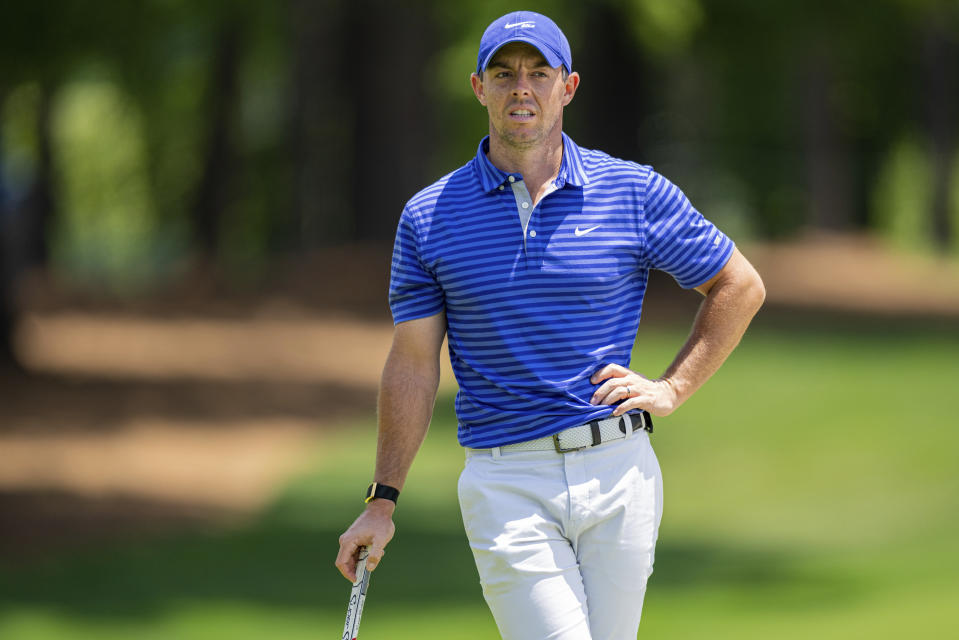 Rory McIlroy waits to putt on the third hole during the first round of the Wells Fargo Championship golf tournament at Quail Hollow Club on Thursday, May 6, 2021, in Charlotte, N.C. (AP Photo/Jacob Kupferman)