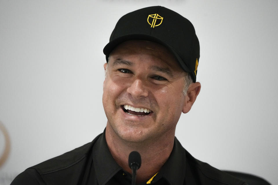 International team captain Trevor Immelman speaks during a news conference after practice for the Presidents Cup golf tournament at the Quail Hollow Club, Tuesday, Sept. 20, 2022, in Charlotte, N.C. (AP Photo/Chris Carlson)