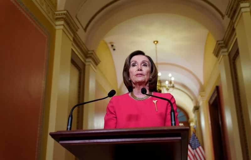 U.S. House Speaker Nancy Pelosi makes statement about coronavirus economic relief on Capitol Hill in Washington