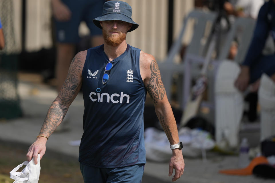 England's captain Ben Stokes attends a practice session ahead of their first cricket test match against India in Hyderabad, India, Tuesday, Jan. 23, 2024. (AP Photo/Mahesh Kumar A.)