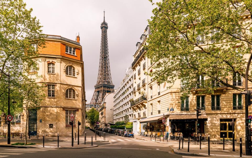 Street in Paris with the Eiffel Tower, France