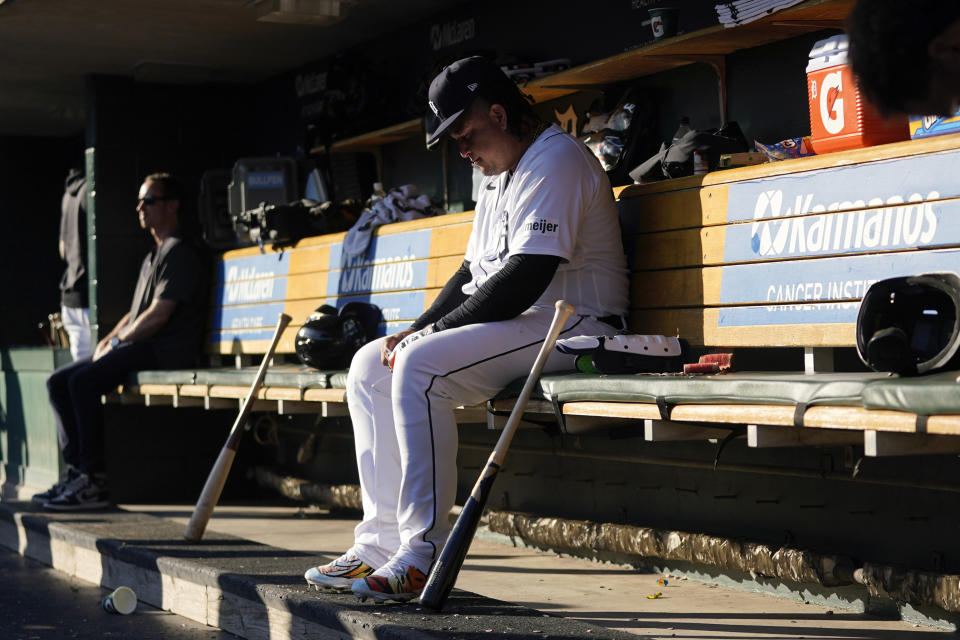 Detroit Tigers' Miguel Cabrera sits in the dugout after being taken out of the game in the eighth inning of a baseball game against the Cleveland Guardians, Sunday, Oct. 1, 2023, in Detroit. Cabrera will retire after the game. (AP Photo/Paul Sancya)