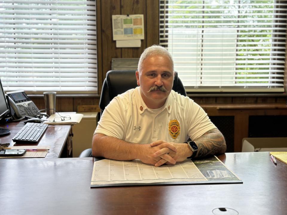 Taunton's brand new Fire Chief Steven Lavigne, who took the reins on Aug. 13 when former Fire Chief Timothy Bradshaw retired, sits at his desk on Thursday, Aug. 17, 2023.