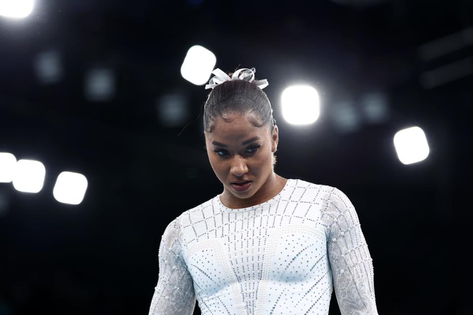 PARIS, FRANCE - AUGUST 05: Jordan Chiles of Team USA looks on ahead of the apparatus floor final on day ten of the Olympic Games Paris 2024 at Bercy Arena on August 05, 2024 in Paris, France. (Photo by Naomi Baker/Getty Images) ORG XMIT: 776138642 ORIG FILE ID: 2166304114