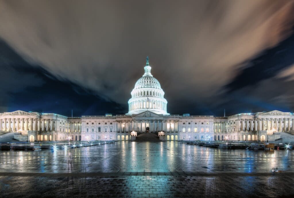 The U.S. Capitol at night.