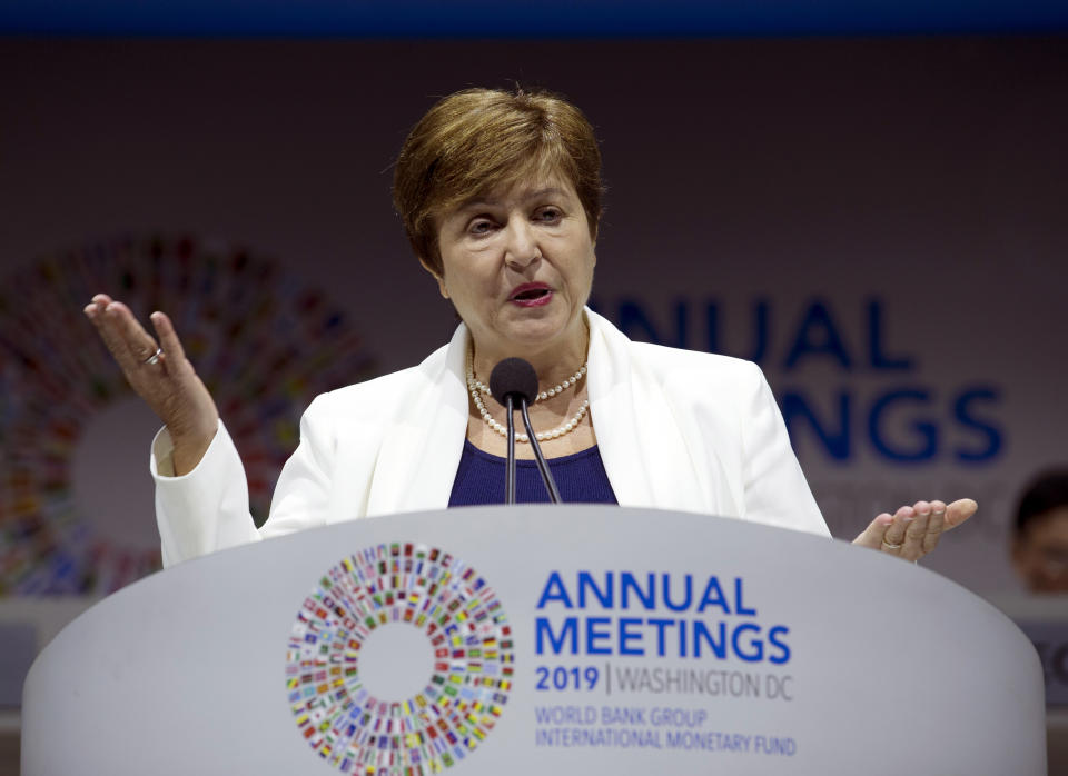 International Monetary Fund (IMF) Managing Director Kristalina Georgieva speaks during the opening ceremony of the World Bank/IMF Annual Meetings in Washington, Friday, Oct. 18, 2019. (AP Photo/Jose Luis Magana)