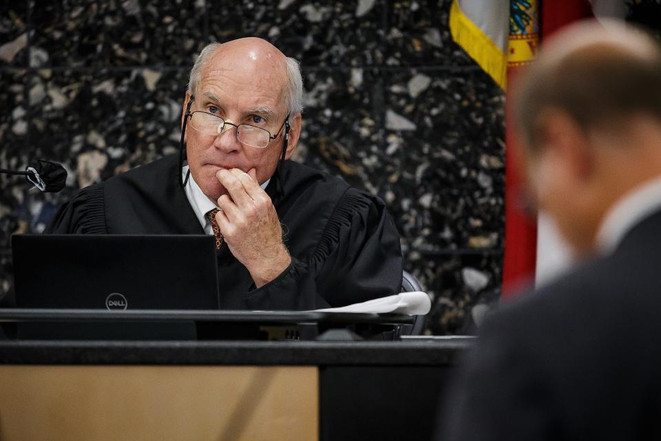 Circuit Judge Jeffrey Gillen listens to oral arguments during a hearing at the Palm Beach County Courthouse in downtown West Palm Beach on, Fla., on Wednesday, Aug. 30, 2023. John Goodman was convicted in 2014 of DUI manslaughter and second-degree vehicular homicide in the February 2010 death of Scott Wilson. Goodman is seeking a new trial.