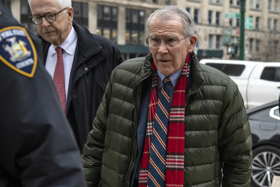 FILE - Oliver North enters court in Manhattan, Jan. 23, 2024, in New York. North, best known for his central role in the Iran-Contra scandal of the 1980s, who was pushed out as president of the National Rifle Association, was among the prominent witnesses to take the stand. Closing arguments are expected in state Supreme Court in Manhattan, Thursday, Feb. 25, 2024, in the civil case brought by state Attorney General Letitia James against the NRA, its former CEO Wayne LaPierre and three other NRA officials. (AP Photo/Brittainy Newman, File)