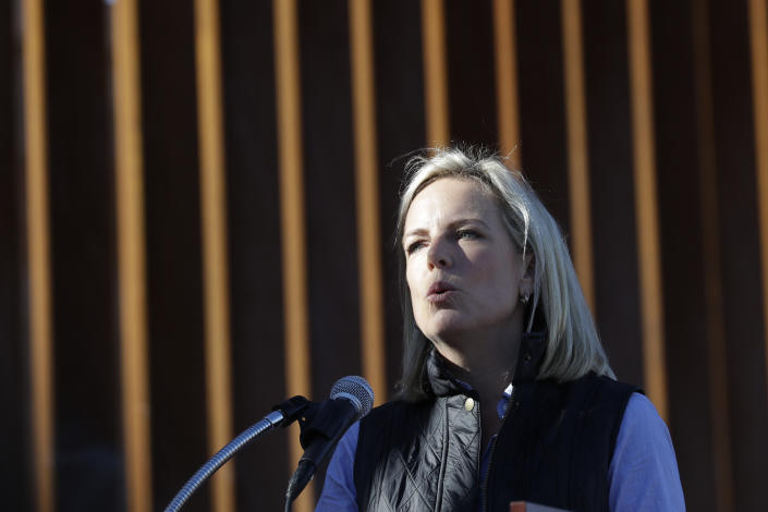 <span class="s1">Homeland Security Secretary Kirstjen Nielsen speaks in front of a newly fortified border wall structure in Calexico, Calif. (Photo: Gregory Bull/AP)</span>