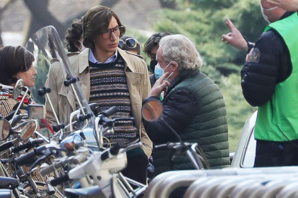 Adam Driver and director Ridley Scott are seen on the set of "House of Gucci" on March 10, 2021, in Milan, Italy.