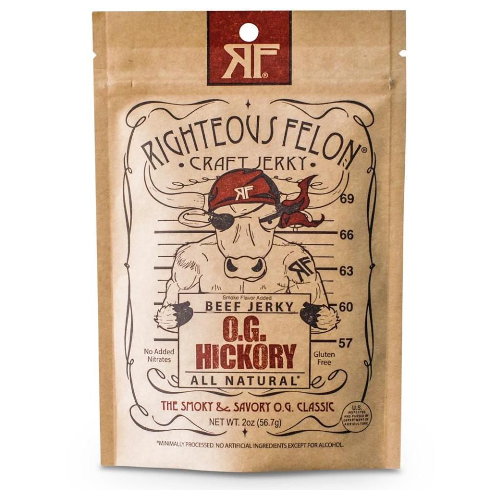 <p><strong>Righteous Felon Craft Jerky</strong></p><p>righteousfelon.com</p><p><strong>$5.49</strong></p><p><a href="https://www.righteousfelon.com/collections/all-rf-products/products/o-g-hickory" rel="nofollow noopener" target="_blank" data-ylk="slk:BUY NOW;elm:context_link;itc:0;sec:content-canvas" class="link ">BUY NOW</a></p><p>This line features cow criminal mug shots on every packet, but our tasters found that the baddest of the bunch was the O.G. Hickory, which was exactly smoky enough with a perfect texture (which kept your mouth busy longer than usual, a plus, according to one tester.) </p>