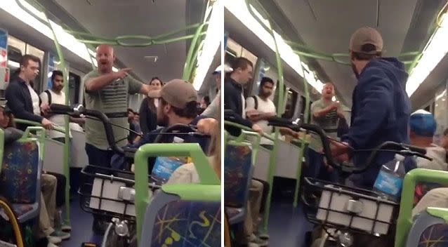 The man tells the group with bikes to get off the train. Source: Instagram/ Luke Bennie