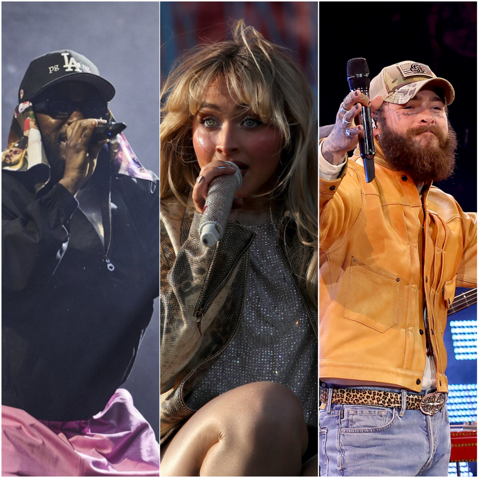 Kendrick Lamar performs Oct. 13, 2023, at Austin City Limits Music Festival. / Sabrina Carpenter performs at the Coachella Music and Arts Festival on April 12, 2024. / Post Malone performs onstage with Morgan Wallen during the 57th Annual CMA Awards on Nov. 8, 2023.