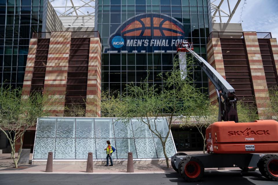 Preparations for the NCAA Men's Final Four are displayed at the Phoenix Convention Center in Phoenix on March 28, 2024.
