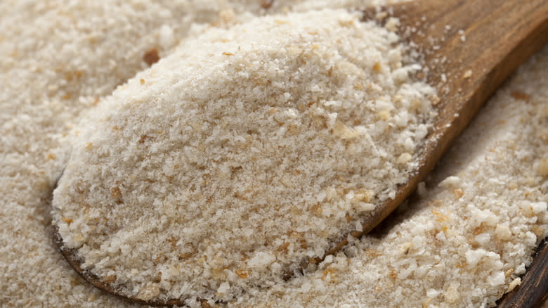 breadcrumbs on wood spoon