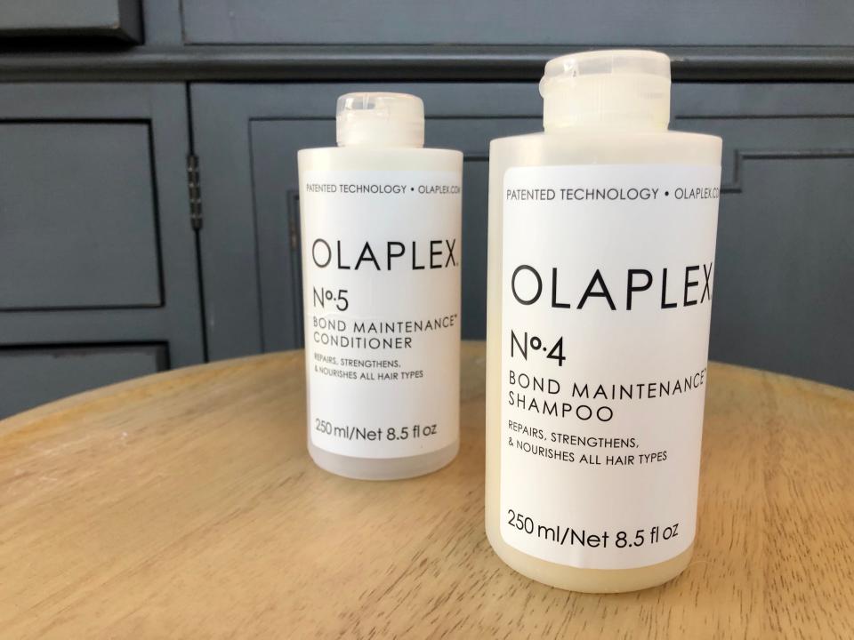 An Olaplex shampoo bottle.