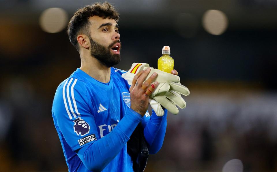 Arsenal's David Raya celebrates after the match