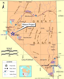 The Mason project is located in west-central Nevada, approximately 75 kilometres southeast of Reno and seven kilometres west of the town of Yerington. The area is known as the historic Yerington Mining District due to known historical mining activities.