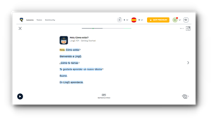 The LingQ reader highlights LingQ words and uses a scrolling highlighted text background which follows the audio as it plays