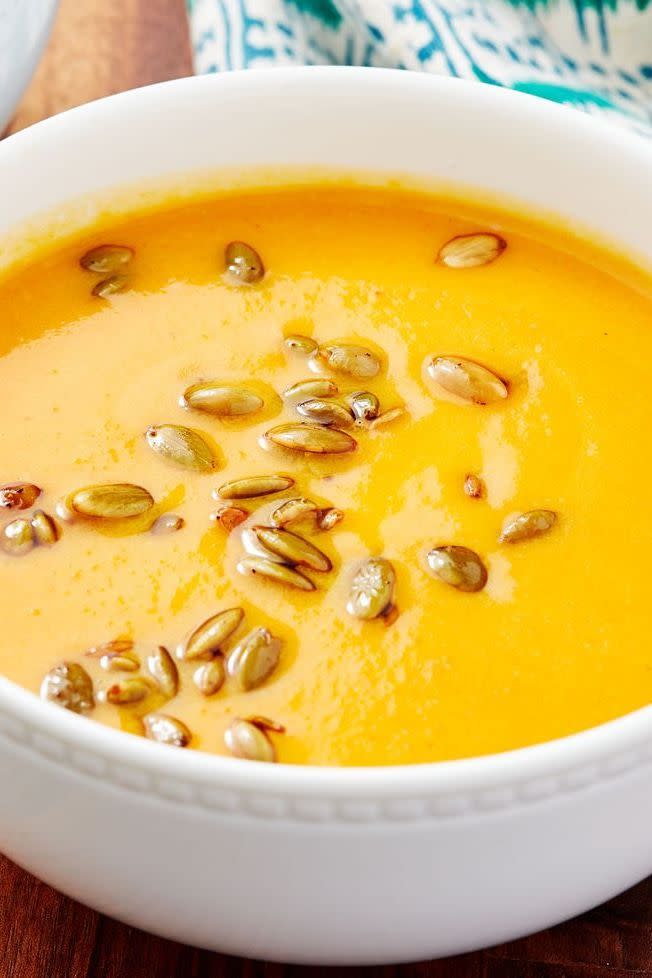 <p>Panera has a cult following around their soups, especially their autumn squash soup. Our copycat version has <a href="https://www.delish.com/cooking/g3003/butternut-squash/" rel="nofollow noopener" target="_blank" data-ylk="slk:butternut squash;elm:context_link;itc:0;sec:content-canvas" class="link ">butternut squash</a>, pumpkin, carrots, and shallots for a sweet and fully fall flavor. Topped with spiced pepitas, this <a href="https://www.delish.com/cooking/recipe-ideas/g3026/fall-soup-recipes/" rel="nofollow noopener" target="_blank" data-ylk="slk:fall soup;elm:context_link;itc:0;sec:content-canvas" class="link ">fall soup</a> is great as an appetizer or filling enough to be the main course. <br><br>Get the <strong><a href="https://www.delish.com/cooking/recipe-ideas/a28835116/panera-autumn-squash-soup-recipe/" rel="nofollow noopener" target="_blank" data-ylk="slk:Panera Autumn Squash Soup recipe;elm:context_link;itc:0;sec:content-canvas" class="link ">Panera Autumn Squash Soup recipe</a></strong>.</p>