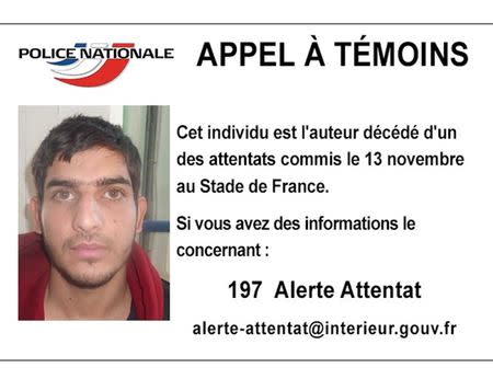 A man identified as a deceased attacker near the Stade de France soccer stadium on November 13, 2015, is seen in this call for witnesses notice handout image released by the French Police Nationale information services on their Twitter account on November 17, 2015. REUTERS/Police Nationale/Handout via Reuters