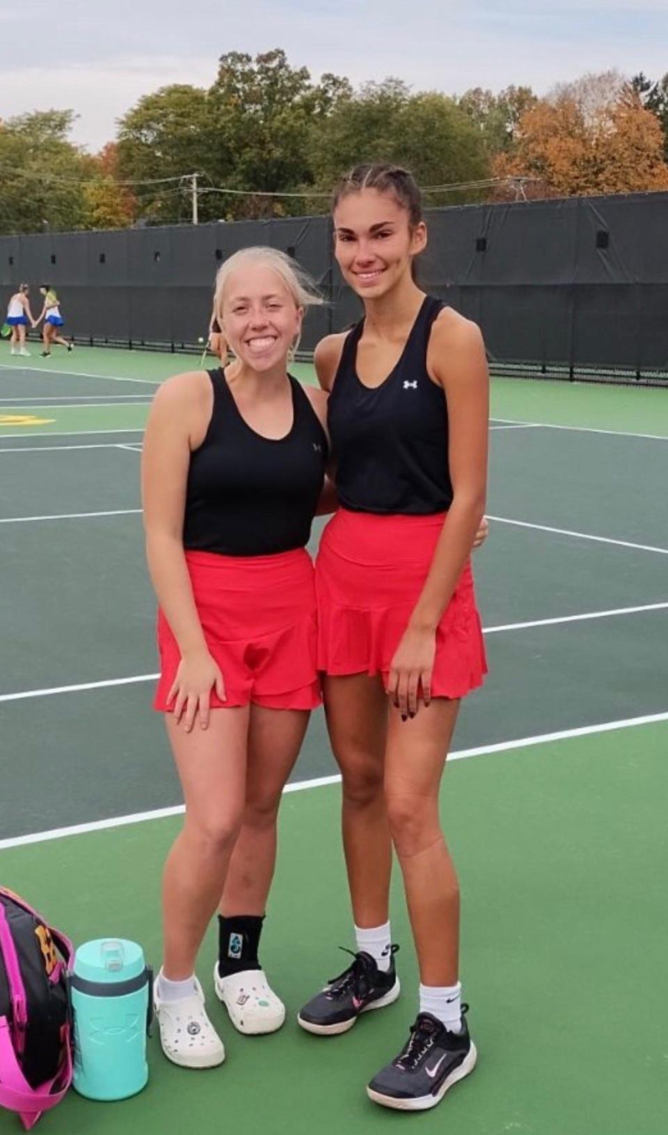 Shelby's Annie Mahek (left) and Bella Carver (right) played in the first round of the Ohio High School Athletic Association state tennis tournament on Thursday morning.