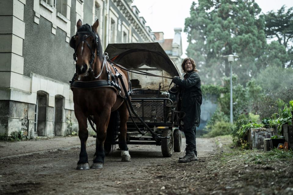 Norman Reedus as Daryl Dixon on his "TWD" spinoff, "The Walking Dead: Daryl Dixon," with a horse and carriage.