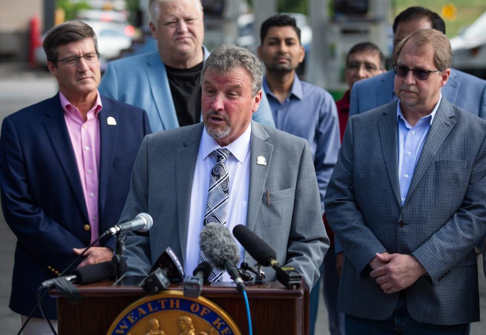 State Rep. Thomas Huff, R-Shepherdsville, speaks at a press conference at a BP gas station in Louisville on June 9, 2022. A group of local representatives gathered to urge the governor to request that the U.S. EPA relax reformulated gas requirements.