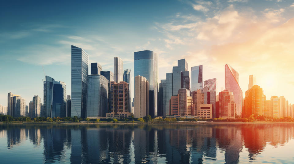 A city skyline with multiple office buildings, symbolizing the company's diverse investments in real estate.