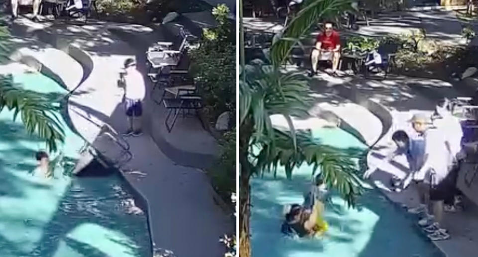 The heart-stopping moment a young boy fell into a swimming pool. Source: Jam Press